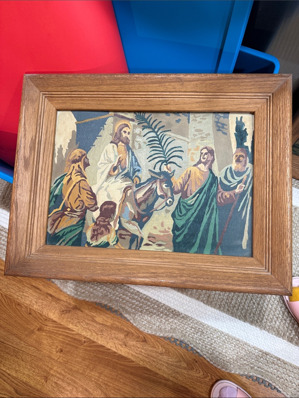 Framed Religious Tapestry Art in Brown and Green